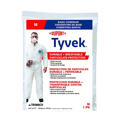 Trimaco 14121 Tyvek Coveralls, Zipper Closure, White, Medium