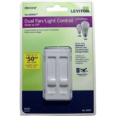 Decora R02-066DF-00W Slide Fan and Light Dimmer Switch, 1.5 A, 120 V, 300, 150 W, White