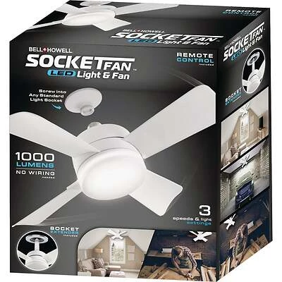 Bell+Howell 8563 Socket Ceiling Fan and Light, 4-Blade, White, Remote Control