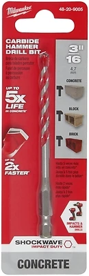 Milwaukee SHOCKWAVE 48-20-9005 Drill Bit, 3/16 in Dia, 4 in OAL, Wide Flute, 1/4 in Dia Shank, Hex Shank