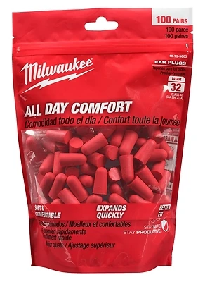 Milwaukee 48-73-3005 Foam Ear Plugs, 32 dB NRR, 100-Pack, Red, Tapered