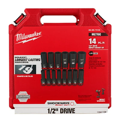 Milwaukee Shockwave 49-66-7014 1/2 In. Drive Metric 6-Point Deep Socket Set, 14-Piece