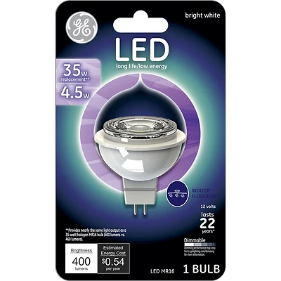 GE 93095554 LED Bulb, Flood/Spotlight, MR16 Lamp, 35 W Equivalent, Dimmable, Soft White Light
