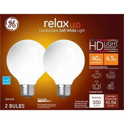 GE 31541 Relax LED Bulb, Globe, G25 Lamp, 40 W Equivalent, E26 Lamp Base, Dimmable, Frosted, Soft White Light