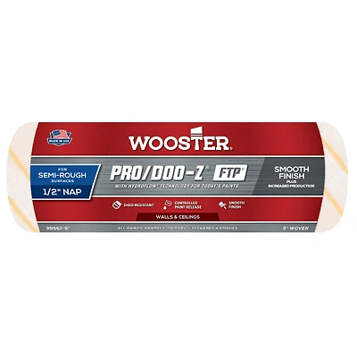 Wooster Pro/Doo-Z FTP RR667-9 Roller Cover, 1/2 in Thick Nap, 9 in L, Fabric Cover, White