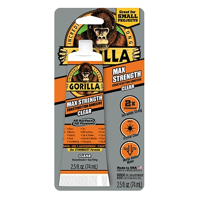 Gorilla 105045 Max Strength Construction Adhesive, Clear, 2.5 fl. oz.