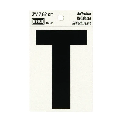 Hy-Ko Reflective Letter T, Black, 3 In., Vinyl Adhesive