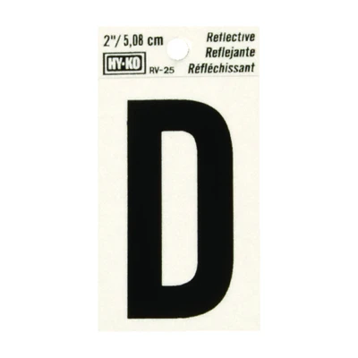 Hy-Ko RV-25/D Reflective Letter D, Black/Silver Vinyl, 2-In.