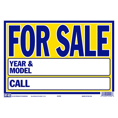 HY-KO 22406 Auto For Sale Sign, Neon Yellow, Blue Letters, 9 x 13 In.