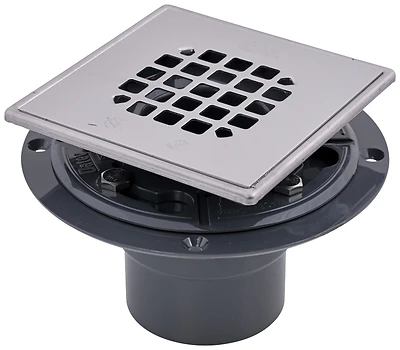 Shower Drain, PVC With Square Stainless Steel Strainer, 2 or 3 In.