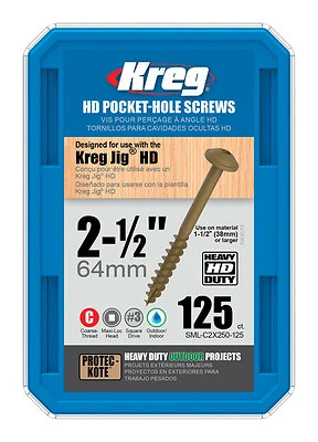 Kreg SML-C2X250-125 Pocket-Hole Screw, #14 Thread, 2-1/2 in L, Coarse Thread, Washer Head, Square Drive, Steel, 125 PK