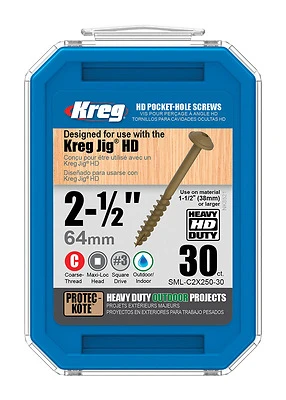 Kreg SML-C2X250-30 Pocket-Hole Screw, #14 Thread, 2-1/2 in L, Coarse Thread, Washer Head, Square Drive, Steel, 30 PK