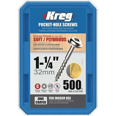 Kreg SML-C125 - 500 Pocket-Hole Screw, #8 Thread, 1-1/4 in L, Coarse Thread, Square Drive, Carbon Steel, 500/PK