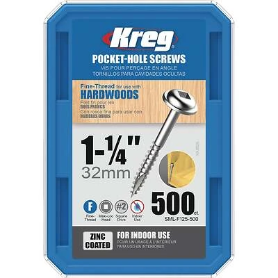 Kreg SML-F125 - 500 Pocket-Hole Screw, #7 Thread, 1-1/4 in L, Fine Thread, Square Drive, Carbon Steel, 500/PK