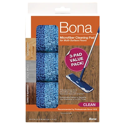 Bona AX0003608 Microfiber Mop Pad, Fits 4x15 In. Mop Head, 3-Pack