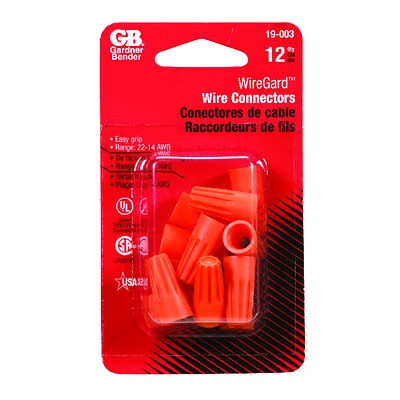 Gardner Bender 19-003 Wire Connector, Twist-On, 22-14 AWG, Orange, 12-Pk.