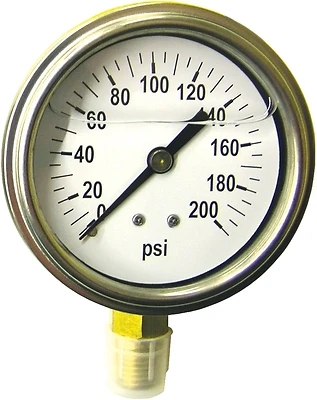 Lg 200 Liquid Filled Pressure Gauge, 2-1/2 In Dial, 200 Psi, 1 Pk