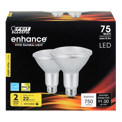 Feit Electric PAR30LDM/930CA2 LED Bulb, 75W Equivalent, 3000K, 2 Pk