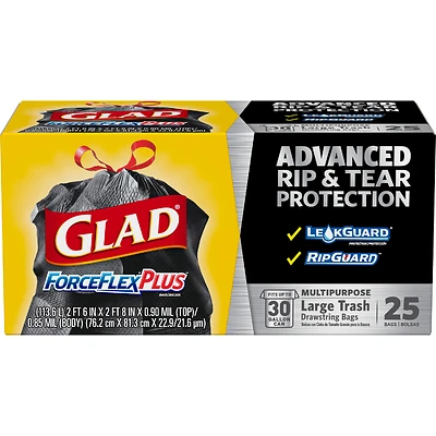 Glad 70359 Trash Bag, 30 gal Capacity, Black