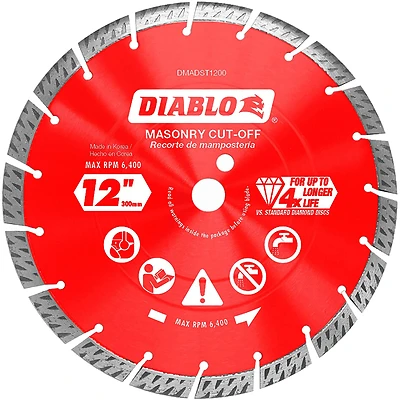 12 In. Segmented Turbo Rim Diamond Cut-off Disc, 1 In. Arbor, 6400 Rpm