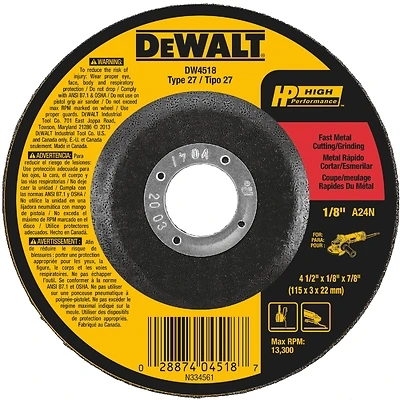 DeWalt DW4518 Fast Metal-Cutting Wheel, 4-1/2 x 1/8 In.