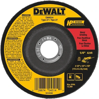 DeWalt DW4514 Metal Grinding Wheel, 4-1/2 x 1/4 In., 24 Grit