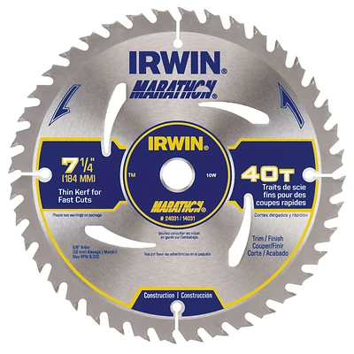 Irwin Marathon 14031 Circular Saw Blade, 7-1/4 in Dia, 5/8 in Arbor, Carbide Cutting Edge, 40-Teeth ATB Teeth