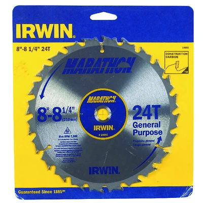 Irwin Marathon 14050ZR Circular Saw Blade, 8-1/4 In, 24-Tooth Carbide