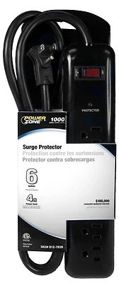 PowerZone OR802225 Surge Protector Power Strip, 6 Outlets, 1000 Joules, 4 Ft, Black