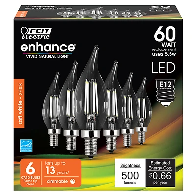 Feit Enhance Ca10 E12 Filament Led Bulb Soft White 60w Equivalence 6 Pk 500 Lumens