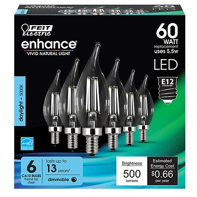 Feit Enhance Ca10 E12 Filament Led Bulb 60w Equivalence 500 Lumens 6 Pk Daylight