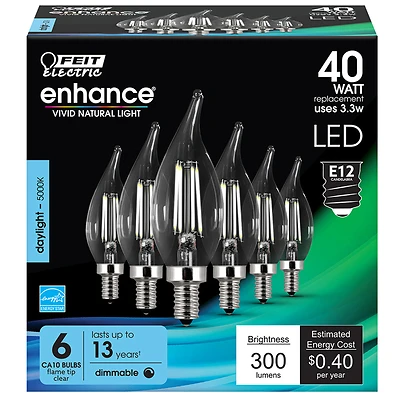 Feit Enhance Ca10 E12 Filament Led Bulb Daylight 40w Equivalence 6 Pk, 300 Lumens
