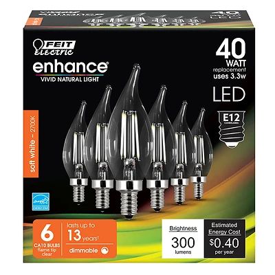 Feit Enhance Ca10 E12 Filament Led Bulb Soft White 40w Equivalence 6 Pk, 300 Lumens