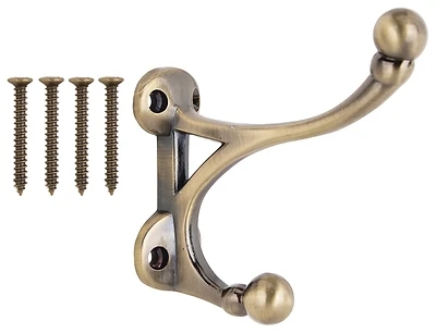 H-014-ab Antique Brass Coat And Hat Hook - Die-cast Zinc, 2-hook Design