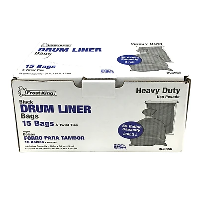 Frost King DL3656 Drum Liner, 55 gal., Black, Twist Tie, 15-Pack
