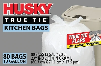 Husky HK13WC080W Kitchen Trash Bags, 13 Gal, White, True Tie