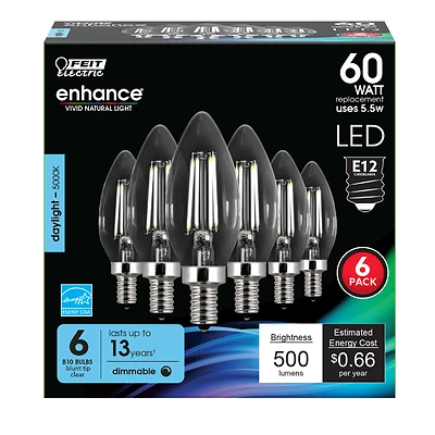 Feit CTC60/950CAFIL6 B10 E12 LED Filament Bulb, Daylight, 60W Equivalent, 6 Pk