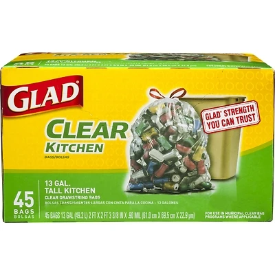 Glad Tall Kitchen Trash Bags, Unscented, Drawstring, 13 Gal, 45 Ct