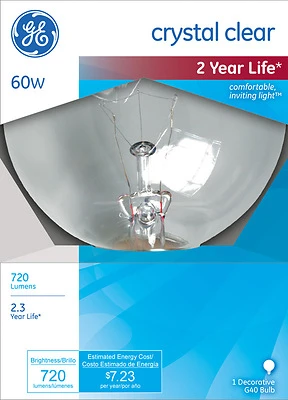 GE 14187 G40 Incandescent Bulb, 60W, Soft White, 720 Lumens, 1 Pk
