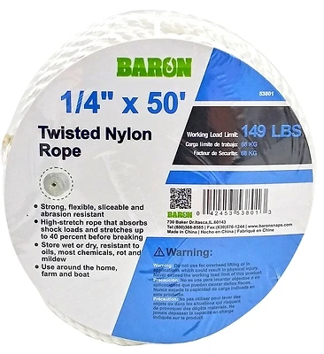 Baron 53801 Twisted White Nylon Rope, 1/4 In. X 50 Ft., 149 Lb Working Load