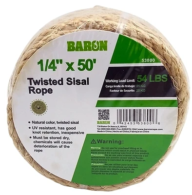 Baron 53800 Twisted Sisal Rope, 1/4 In. Dia, 50 Ft