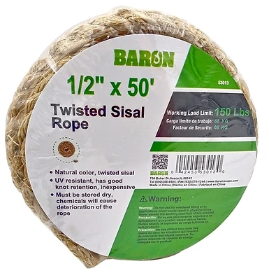 Baron 53013 Twisted Sisal Rope, 1/2 In Dia X 50 Ft, 248 Lb Working Load