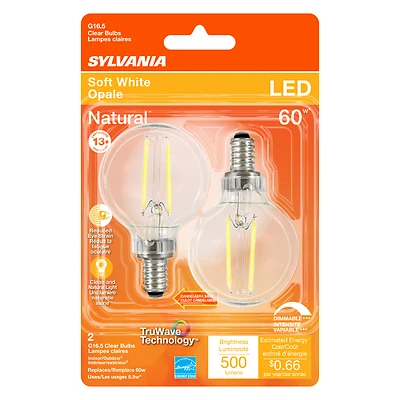G16.5 E12 Led Bulb Soft White 60w Equivalent 2 Pk With Truwave Technology
