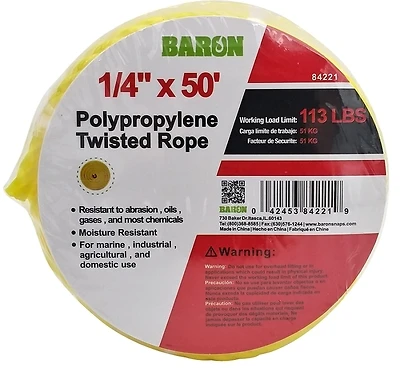 Baron 84221 Twisted Polypropylene Rope, Yellow, 1/4 In. X 50 Ft.