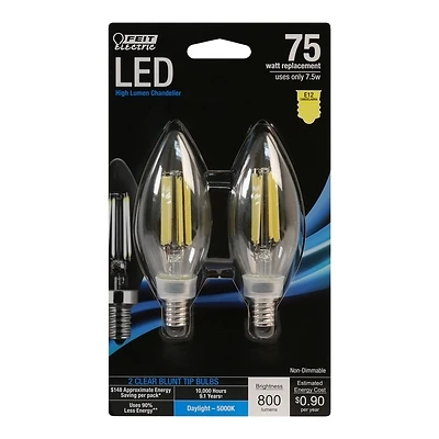 Feit BPCTC75/850LED2 Blunt Tip E12 Candelabra LED Bulb, Daylight, 75W Equivalent, 2 Pk