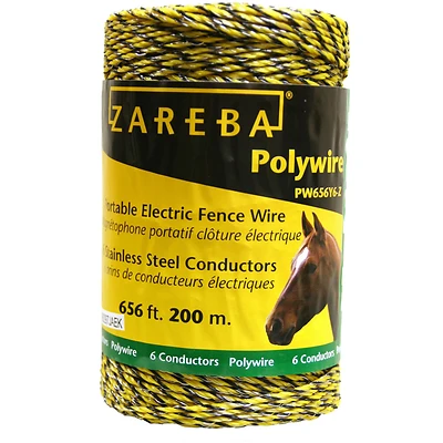 Zareba PW656Y6-Z Poly Wire Electric Fence, 6 Stainless Steel Conductors, 656 Ft