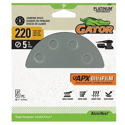 APX Ultrafilm Sanding Discs, Hook & Loop, 220 Grit, 5 In., 5-Pk.