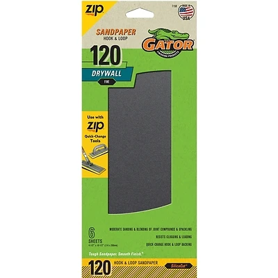 Gator Zip 7158 Sanding Sheet, 10-1/2 in L, 4-1/2 in W, 120 Grit, Fine, Silicon Carbide Abrasive