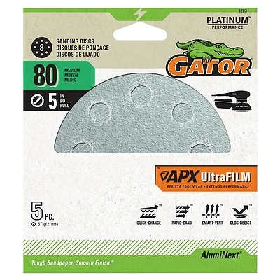 APX Ultrafilm Sanding Discs, Hook & Loop, 80 Grit, 5 In., 5-Pk.