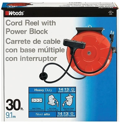 CCI Power Cord Reel, 30 Ft., 14/3 SJTW, 3 Outlets
